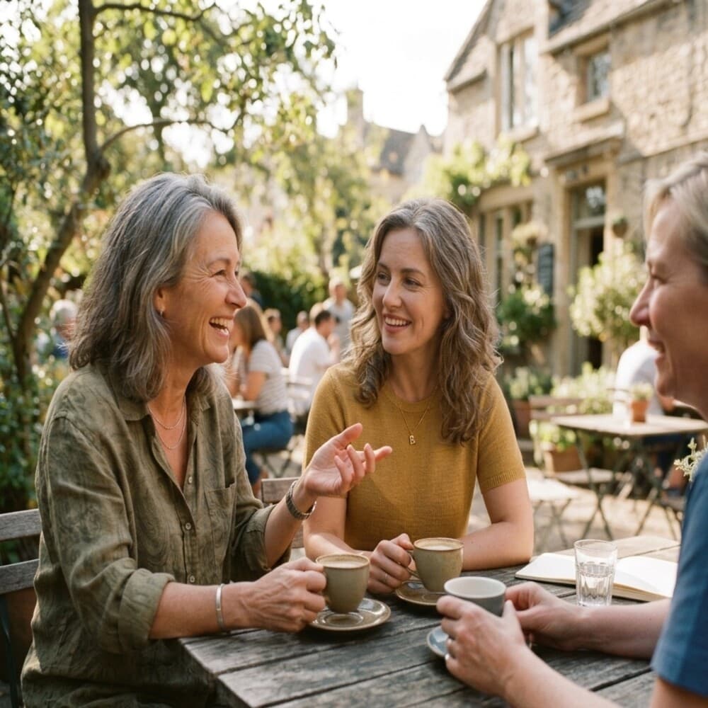 Women laughing together over coffee